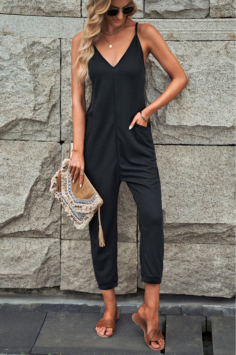 Spaghetti Strap Deep V Jumpsuit with Pockets