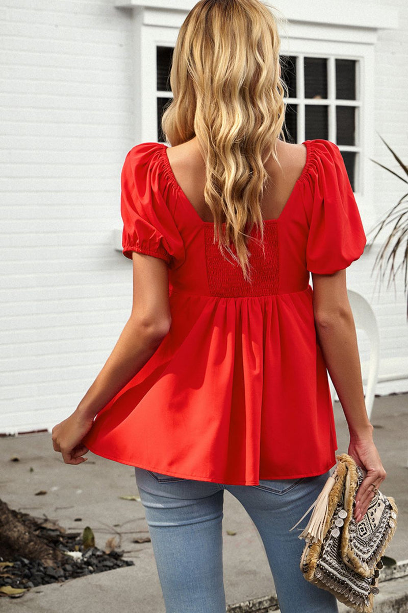 Notched Neck Smocked Babydoll Top