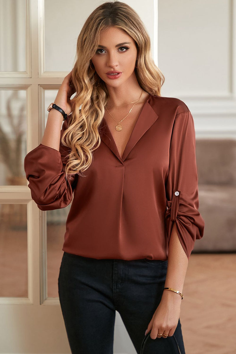 Roll-Tab Sleeve Collared Neck Blouse