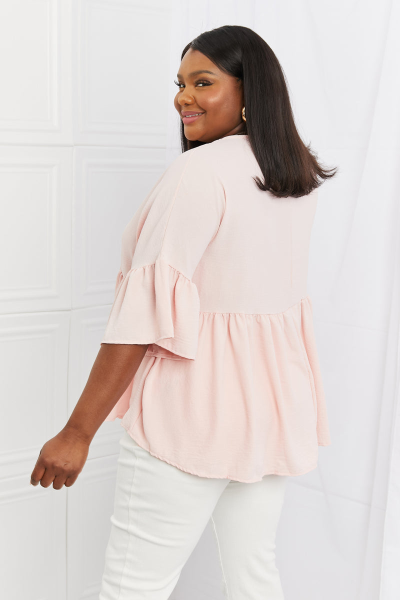 Celeste Look At Me Full Size Flowy Ruffle Sleeve Top in Pink