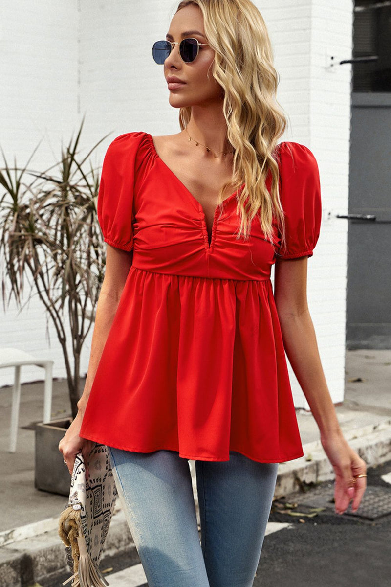 Notched Neck Smocked Babydoll Top