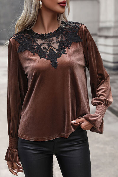 Lace Detail Round Neck Smocked Flounce Sleeve Blouse