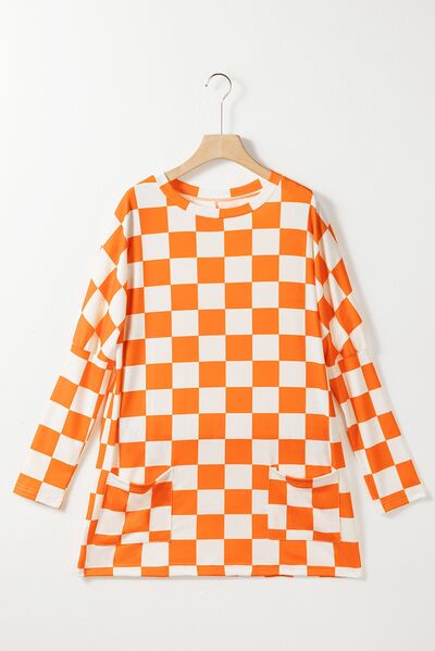 Checkered Round Neck Long Sleeve T-Shirt with Pockets