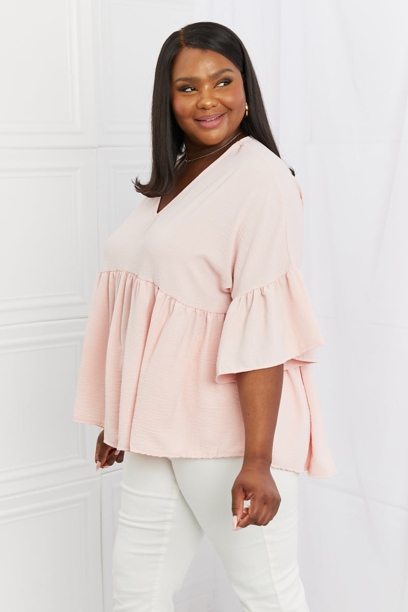 Celeste Look At Me Full Size Flowy Ruffle Sleeve Top in Pink