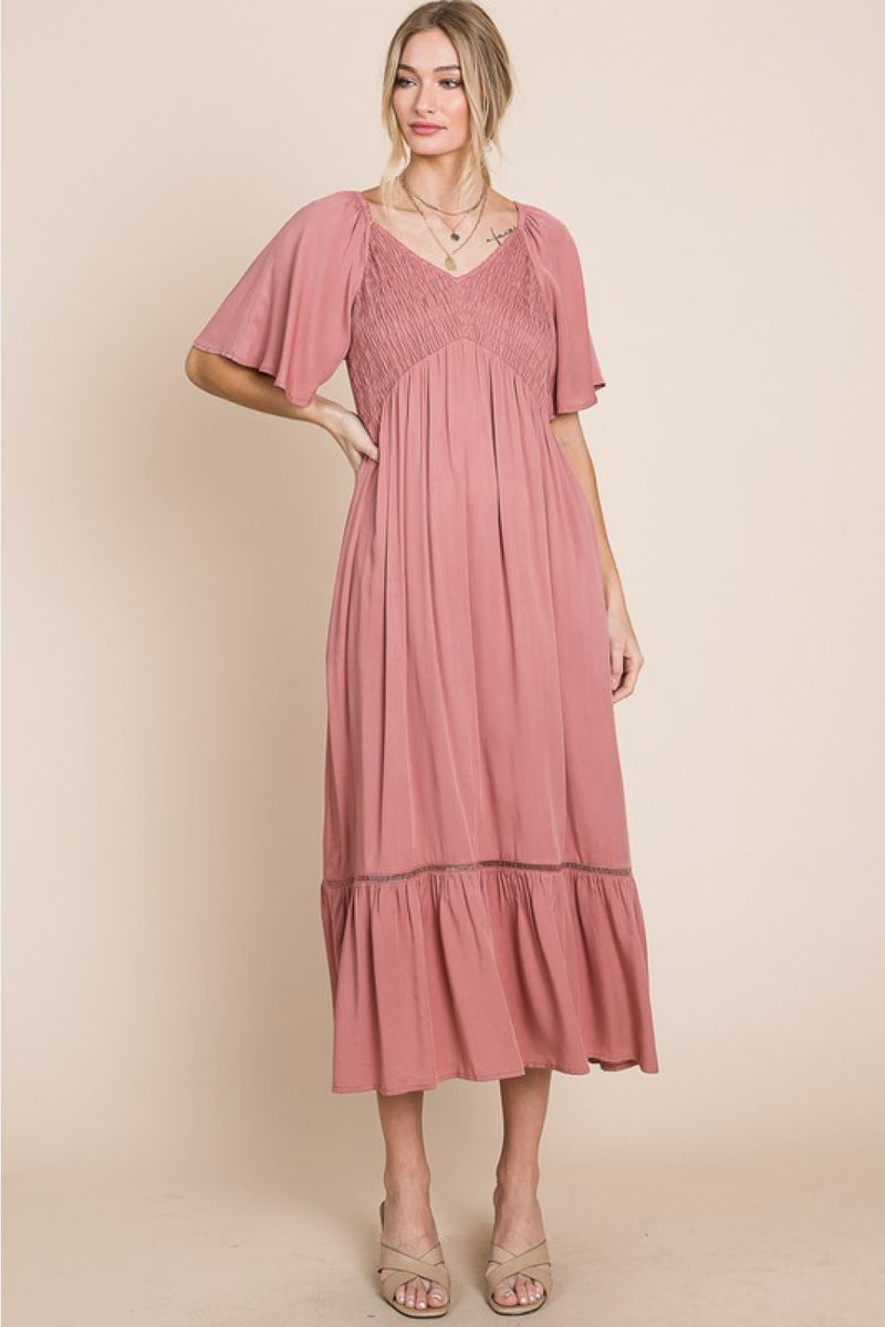 HEYSON Full Size Smocked Pocket Midi Dress in Rouge Pink