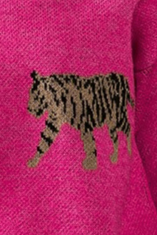 Tiger Pattern Round Neck Drop Shoulder Sweater
